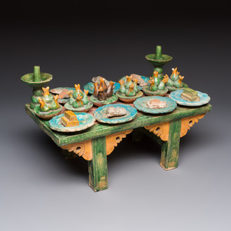 A Chinese sancai-glazed pottery model of an offering table, Ming