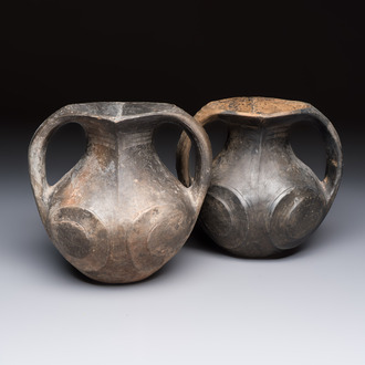 Two Chinese Sichuan black burnished pottery amphoras, Han