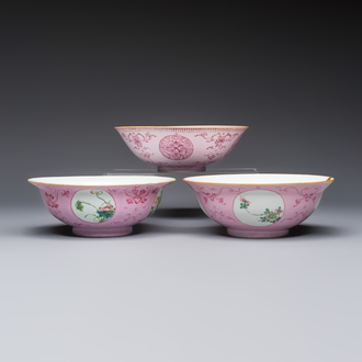 Three Chinese famille rose pink-ground bowls with floral design, Qianlong mark and of the period