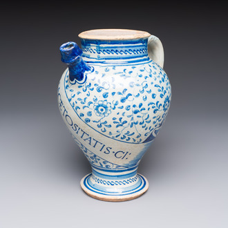 A blue and white Antwerp maiolica wet drug jar inscribed 'S ACETOSITATIS', 16th C.