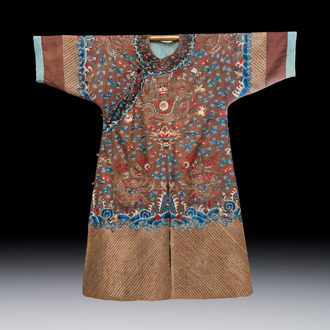 A Chinese brown-ground embroidered silk 'Dragon' robe, 'Ji Fu' 吉服, 19th C.