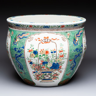 A large famille verte-style 'Flower Basket' scroll pot or fish bowl, Samson, Paris, 19th C.