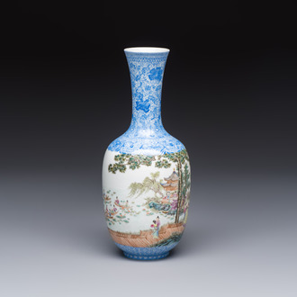 A Chinese famille rose 'Figures at a Lotus Pond' vase, Qianlong mark, 20th C.