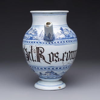 A blue and white Italian wet drug jar inscribed 'Ros. comp.', Savona, 18th C.