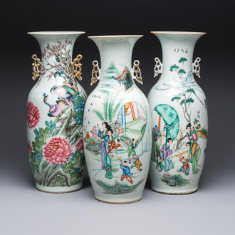 Three Chinese famille rose vases, signed Hu Yuanxin 胡源鑫, Luo Yisheng 羅義盛 and Wang Shengtai 汪生泰, 20th C.