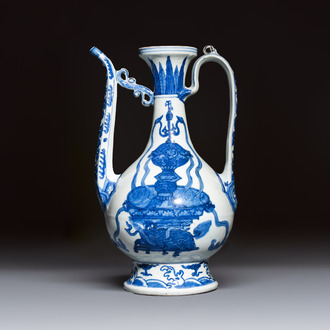A Chinese blue and white 'Magic Fountain' ewer, heaven ☰ mark, Jiajing
