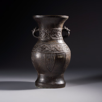A Chinese archaistic bronze vase, 'Hu 壺', Ming