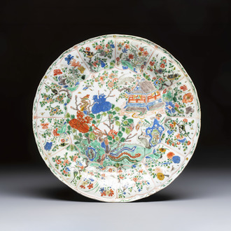 A large Chinese famille verte 'Pavilion with Birds among Flowering Branches' dish, Kangxi