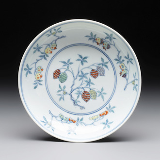 A Chinese doucai 'sanduo' plate, ingot, brush and ruyi mark, Yongzheng