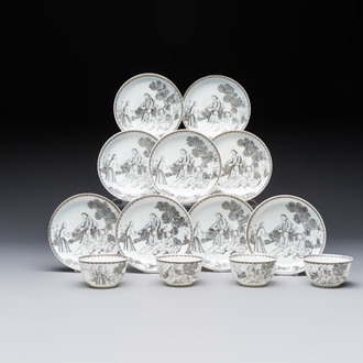 Four Chinese grisaille 'Western subject' cups and nine saucers, Qianlong
