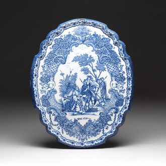 A large blue and white Dutch Delft plaque with the biblical scene of Abigail and David, 18th C.
