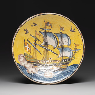 An Italian maiolica dish with a Danish ship, 19th C.