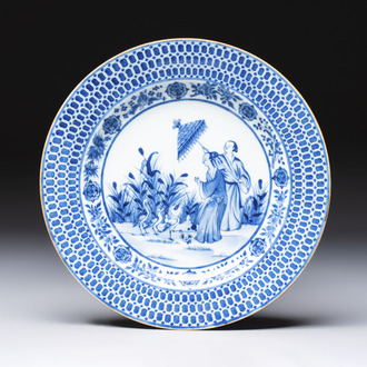 A Chinese blue and white 'La Dame au Parasol' plate after Cornelis Pronk, Qianlong