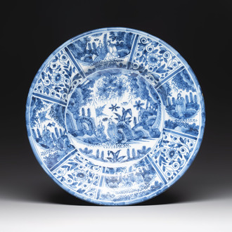 A blue and white Dutch Delft chinoiserie dish, 17th C.