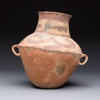 A Chinese painted pottery jar with handles, Late Bronze Age, Xindian culture, 13/10th C. B.C.