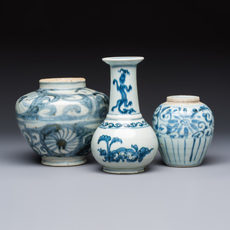 Two Chinese blue and white jars, Ming, and a Japanese blue and white vase, possibly Edo, 18th C.