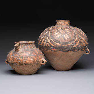 A Chinese painted pottery pouring vessel and a jar with geometric design, Neolithic period, Majiayao culture, 3rd millennium B.C.