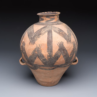 A Chinese painted pottery jar with zigzag design, Neolithic period, Majiayao culture, 3rd millennium B.C.