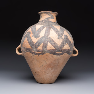 A Chinese painted pottery jar with zigzag design, Neolithic period, Majiayao culture, 3rd millennium B.C.