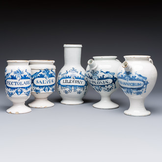 Five blue and white Dutch Delft and Brussels faience drug jars, 18th C.