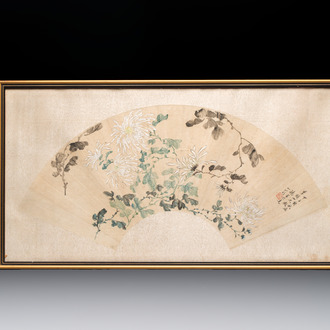 Chinese school: a framed painted fan with flowers, ink and colour on paper, dated 1924
