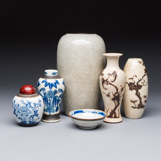 Three Chinese Nanking crackle-glazed vases, a blue and white vase, a bowl and a jar with a wooden cover, Yongzheng and Chenghua marks, 19th C.