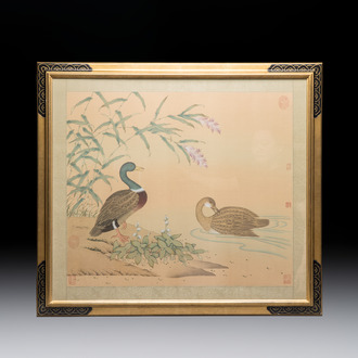 Chinese school: 'Ducks among Blossoms by the Water', ink and colour on silk, 20th C.