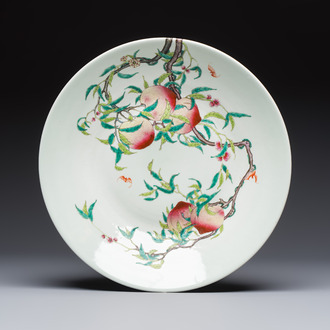 A large Chinese famille rose 'Nine Peaches' dish, Qianlong mark, 20th C.