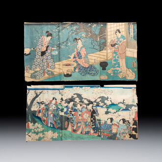 Utagawa Kunisada (1786–1865): 'Mitsuji Yoshinoyama Sakuragari' and 'Ashikaga Mitsuuji Rokujō-dōshi', woodblock prints, Japan, Edo, 19th C.