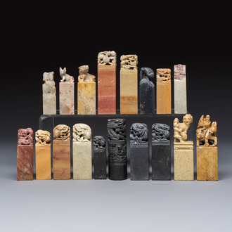 A group of 18 Chinese carved soapstone seals, 20th C.