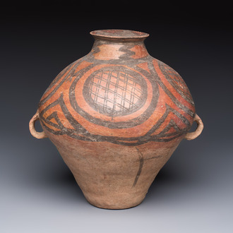A Chinese painted pottery jar with geometric design, Neolithic period, Majiayao culture, 3rd millennium B.C.