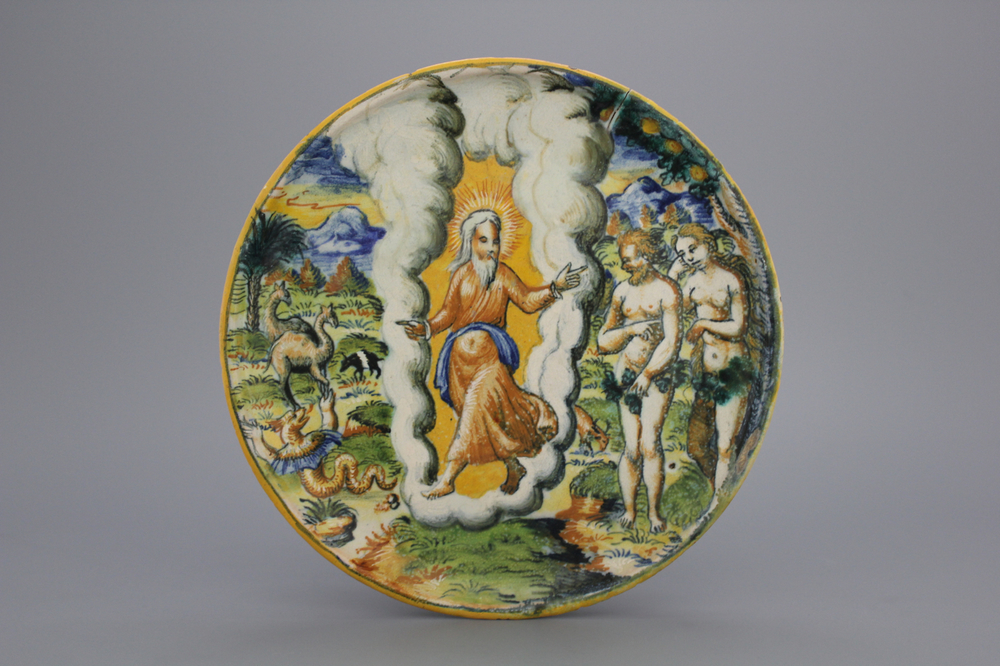 Italiaanse majolica tazza, "De uitdrijving uit de Tuin van Eden", Urbino, ca. 1580