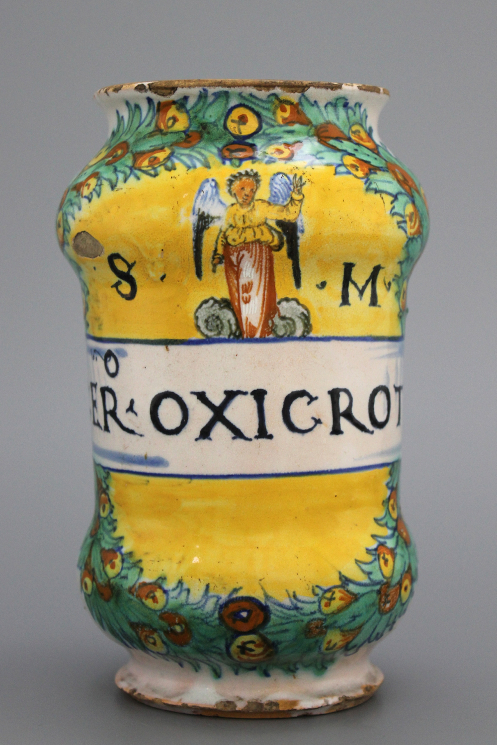 Albarello italien en majolique de Deruta, polychrome, 'Cer.Oxicroti', env. 1530