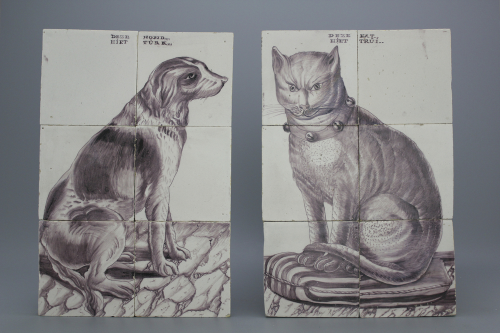 Paire de tableaux de carreaux en fa&iuml;ence de Delft, mangan&egrave;se, portraits de chat et chien, 18e