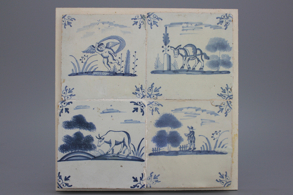 Lot de 4 carreaux allemands, style Delft, 18e