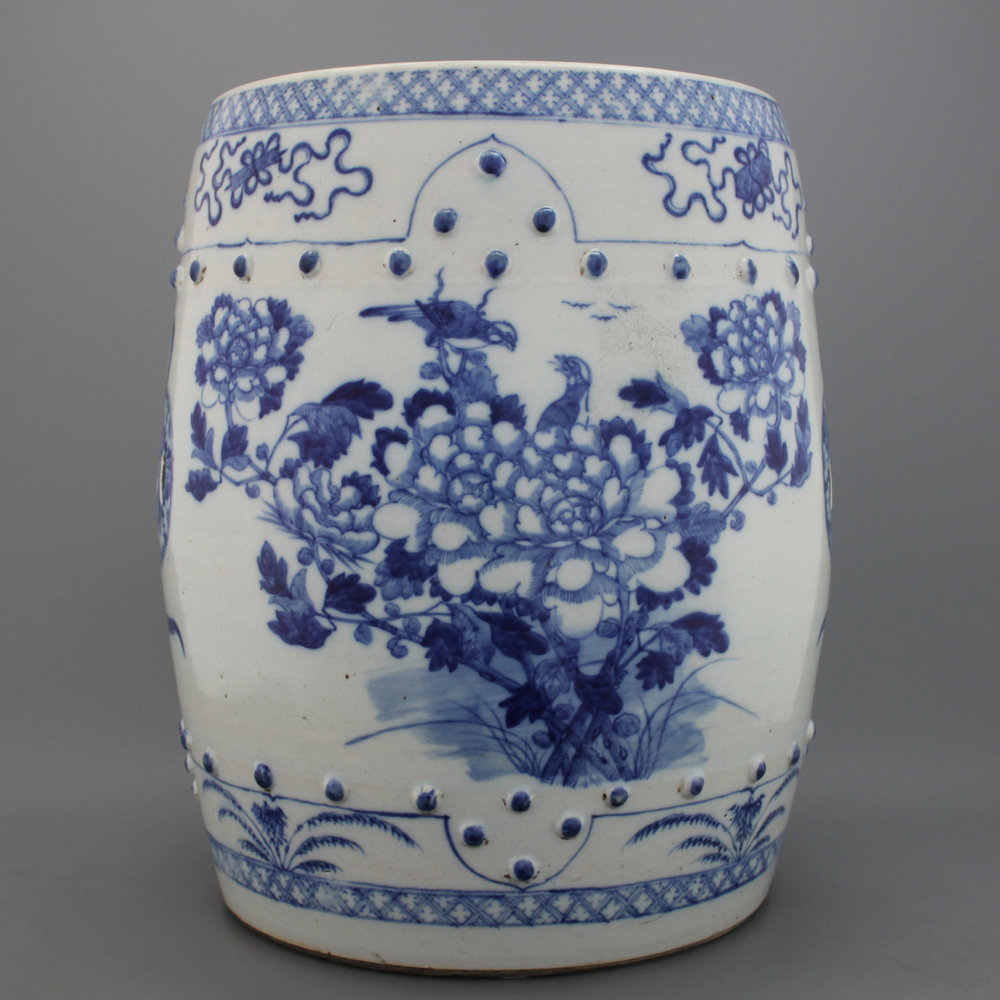 Tabouret de jardin chinois, rond, bleu et blanc, 19e