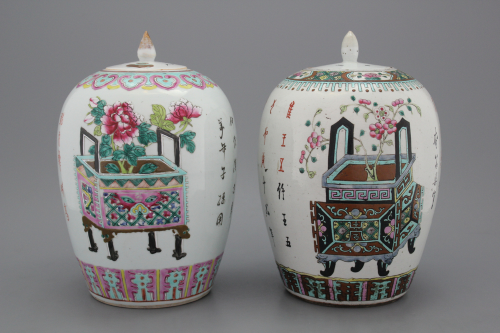 Deux pots &agrave; gingembre en porcelaine de chine, famille rose, 19e