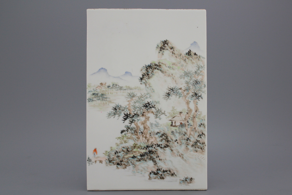 A fine Chinese rectangular plaque with a landscape, 19th-20th C.