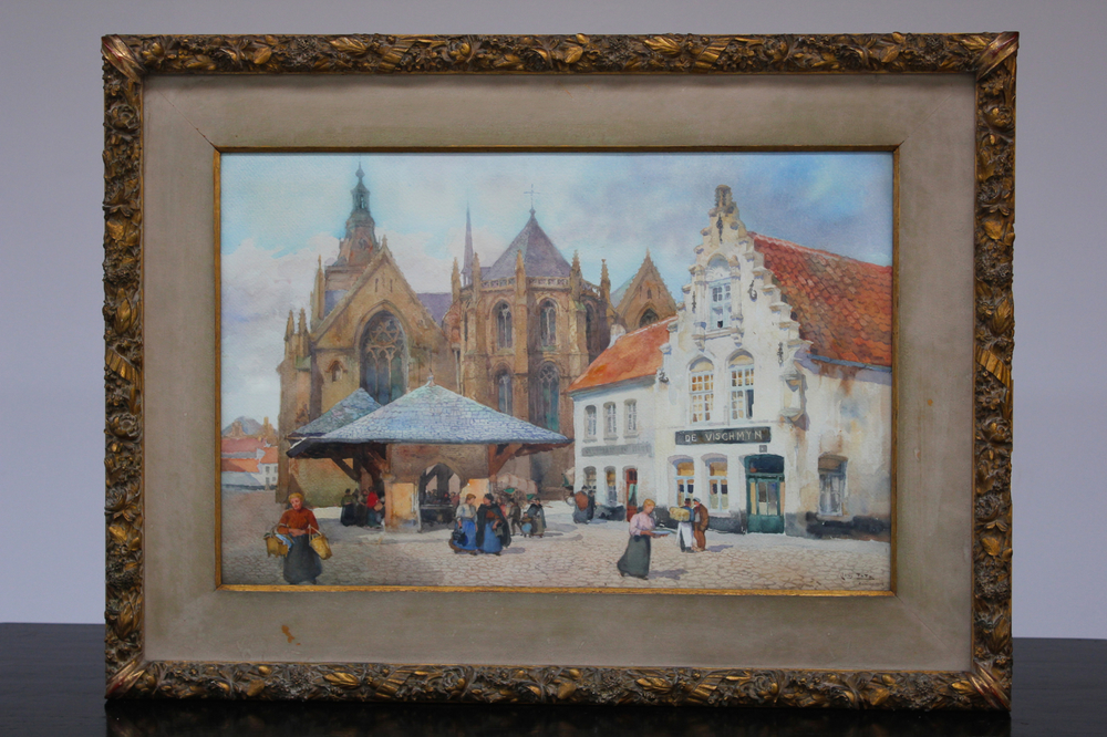 Louis Titz (1859-1932), watercolour, "De Markt van Diksmuide", dated 1912