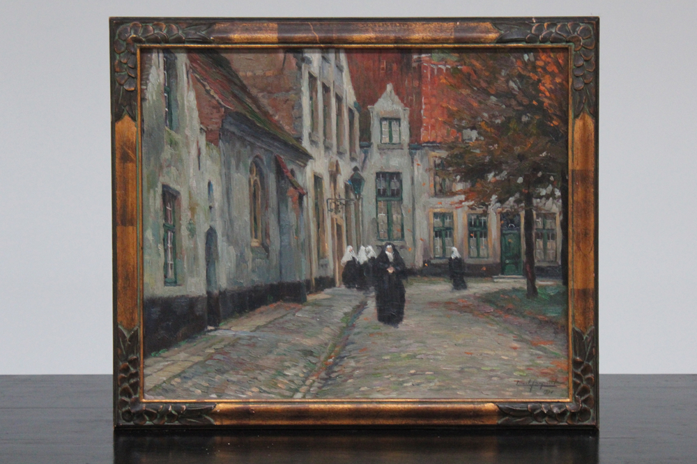Lionel Poupaert (1900-1989), "B&eacute;guines au B&eacute;guinage de Bruges", huile sur bois, dat&eacute; 1917