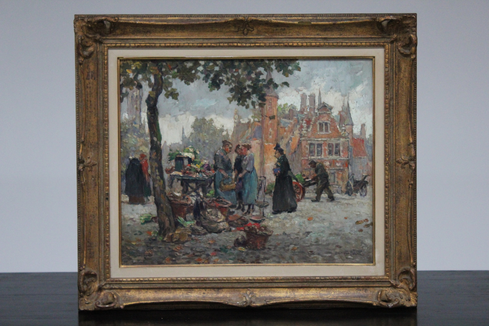 Alfred Van Neste (1874-1969), "&Eacute;choppe aux l&eacute;gumes au quaie des Rosaux", oil on panel