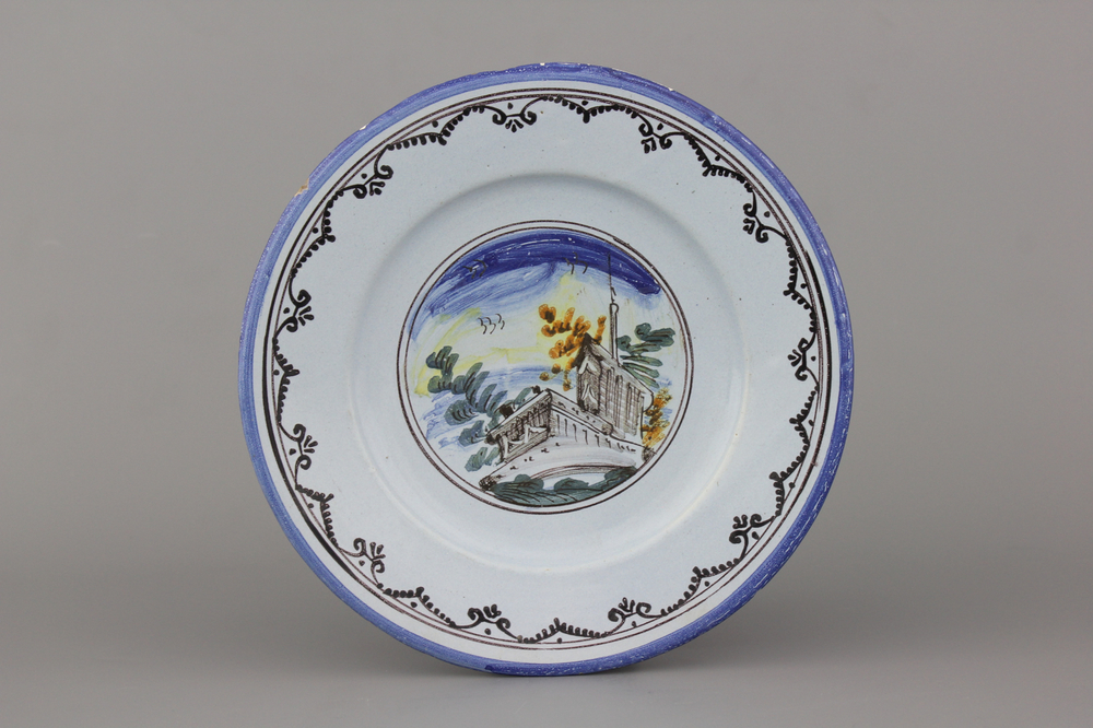 Plat fin polychrome avec paysage, Savona, 18e