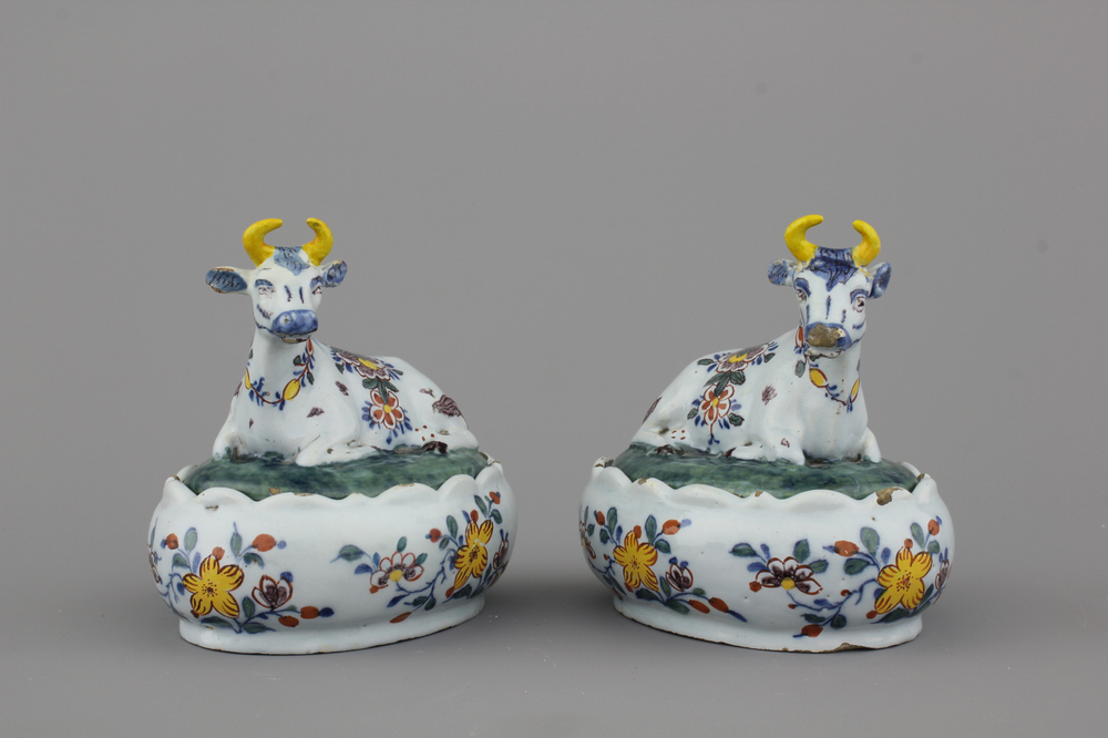 A pair of Dutch Delft butter tubs shaped as cows, 18th C.
