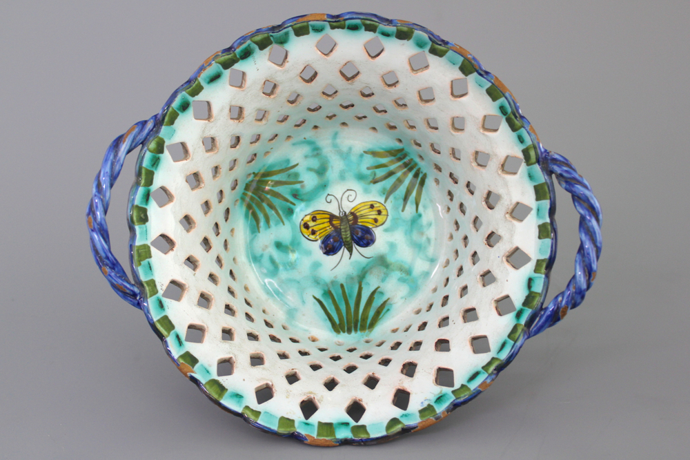 A Brussels faience butterfly decor open-worked basket, ca. 1800