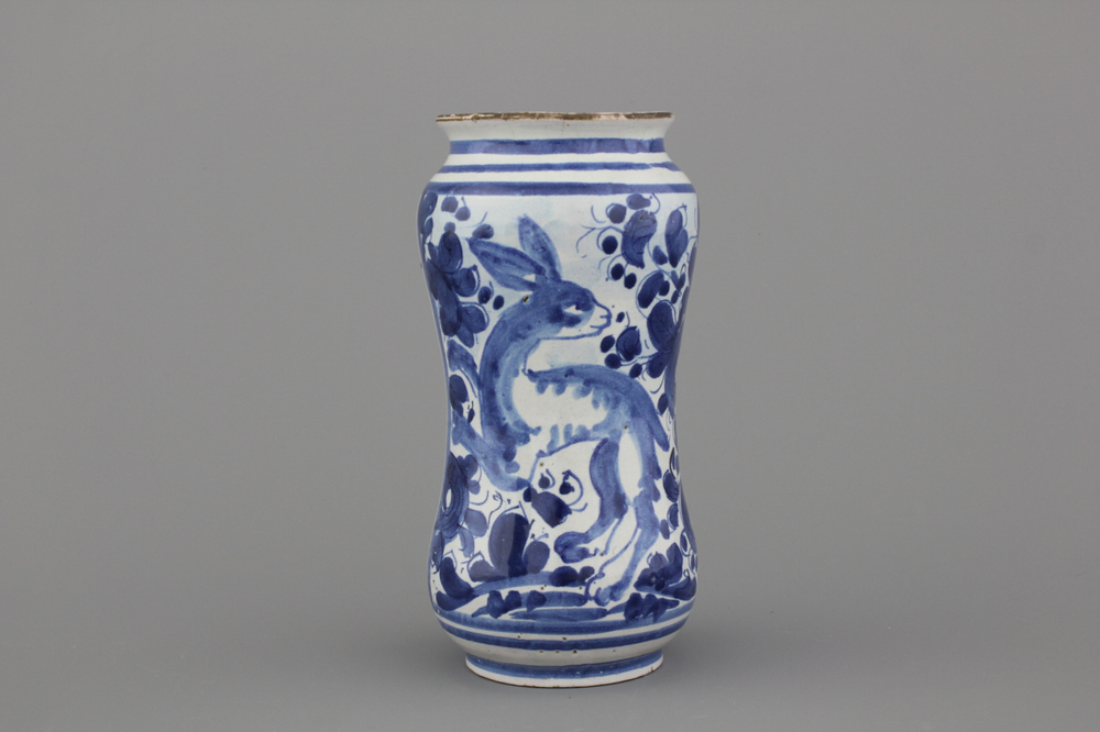 An Italian Savona albarello with a hare, dated 1711