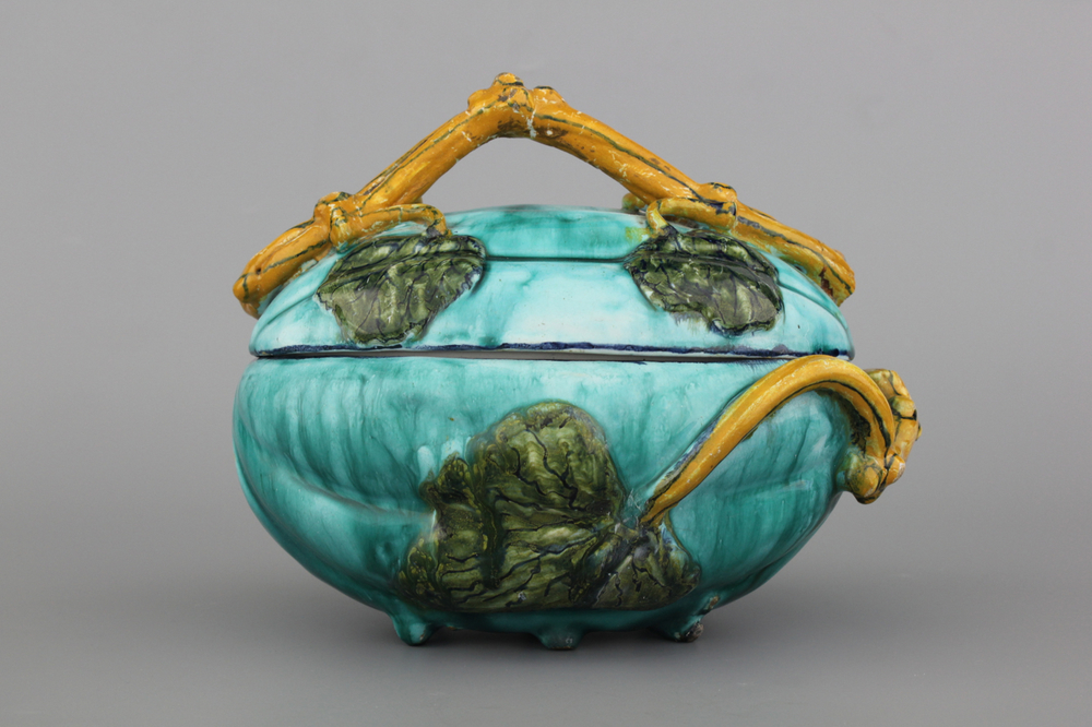 A fine Brussels faience turquoise ground melon-shaped tureen and cover, 18th C.
