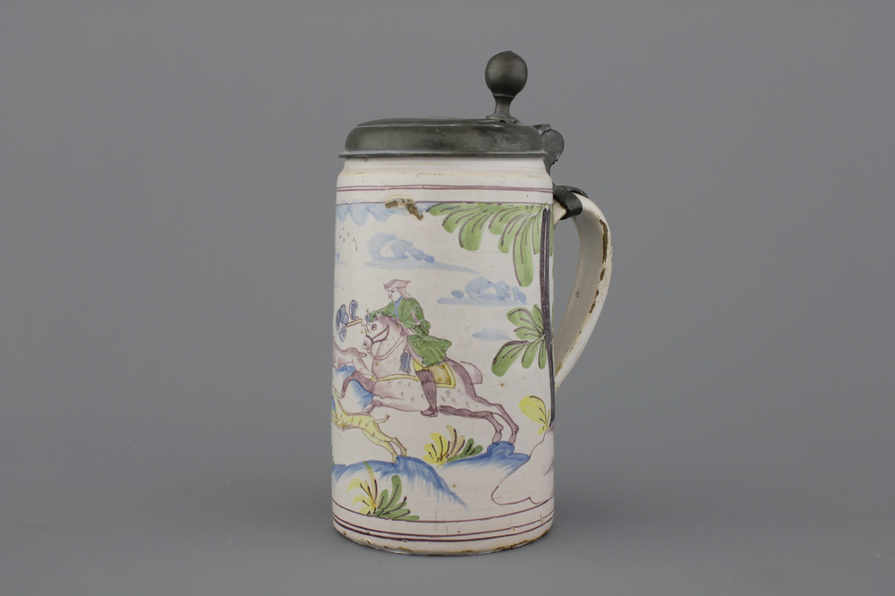 A German pewter-mounted polychrome faience beer stein, 18th C.