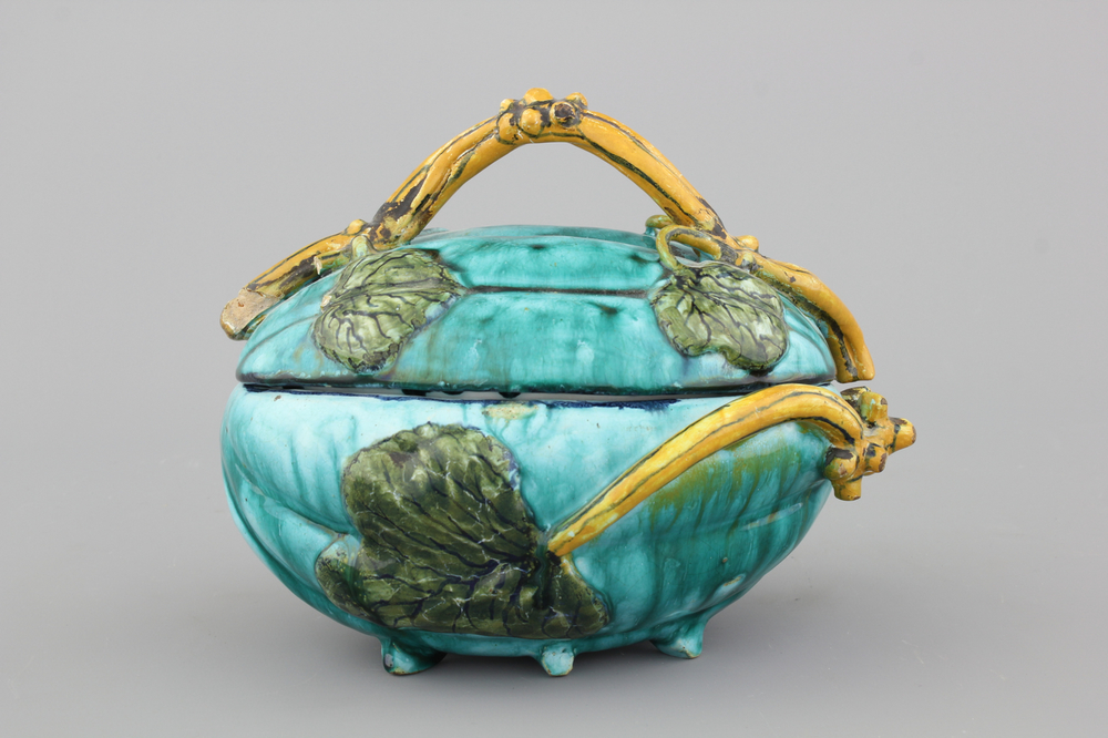 A fine Brussels faience turquoise ground melon-shaped tureen and cover, 18th C.