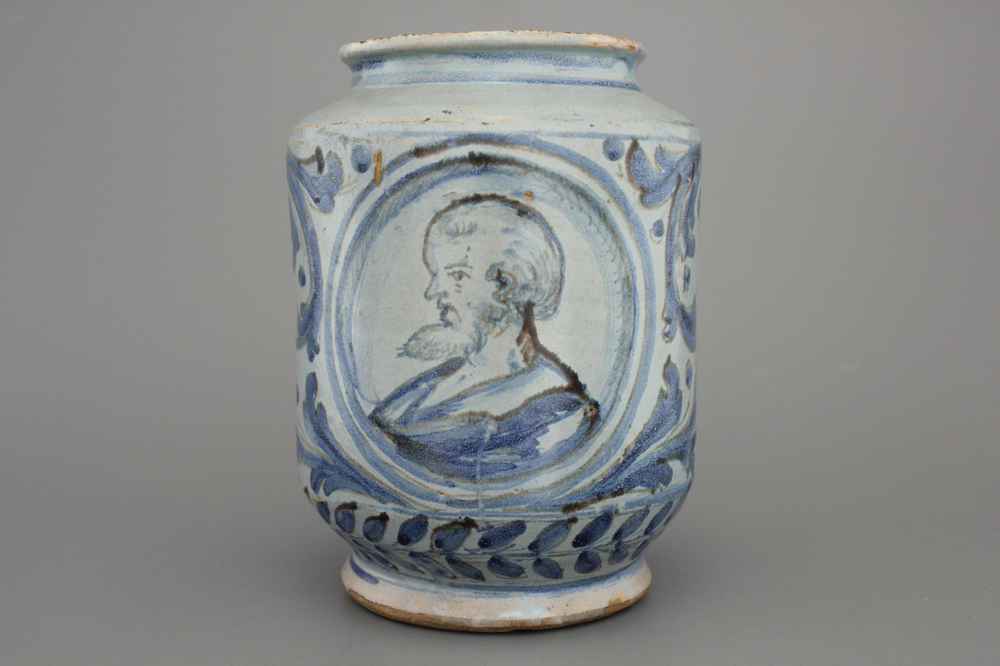 An Italian blue ground portrait albarello, Caltagirone, 17/18th C.
