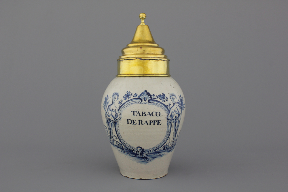 An exceptional Brussels or Lille Delftware tobacco jar "TABACQ DE RAPPE", 18th C.